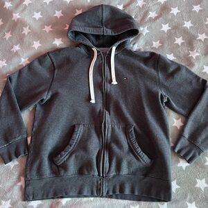 Tommy Hilfiger Dark Charcoal Gray Zip-Up Hoodie with White Drawstrings